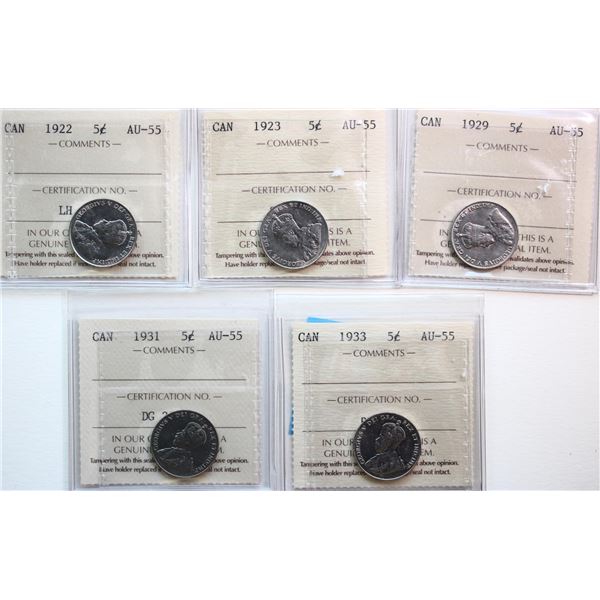 1922 5¢, 1923, 1929, 1931, 1933.  Lot of 5 coins all certified ICCS Choice About Uncirculated-55
