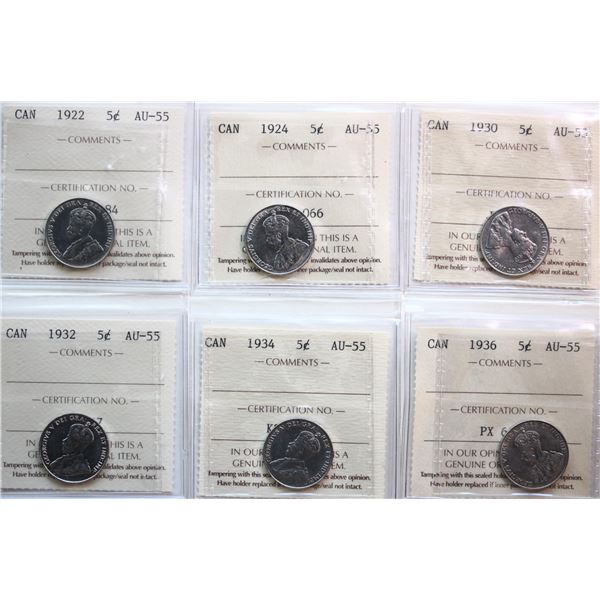 1922 5¢, 1924, 1930, 1932, 1934, 1936.  Lot 6 coins all certified ICCS Choice About Uncirculated-55