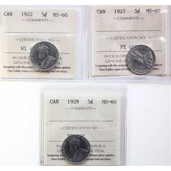 1922 5¢, 1927, 1928.  Lot of 3 coins ICCS Mint State-60