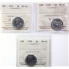 Image 1 : 1922 5¢, 1927, 1928.  Lot of 3 coins ICCS Mint State-60