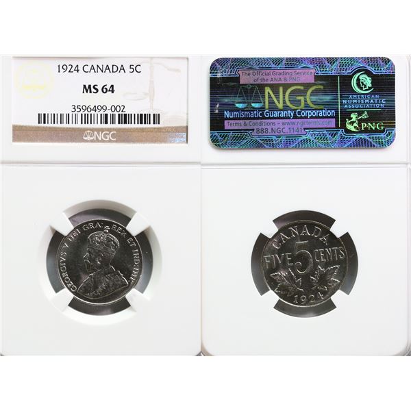 1924 5¢ NGC Choice Mint State-64 Strong lustre with nice and clean surfaces