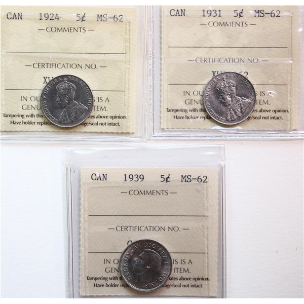 1924 5¢, 1931, 1939.  Lot of 3 coins ICCS Choice Mint State-62