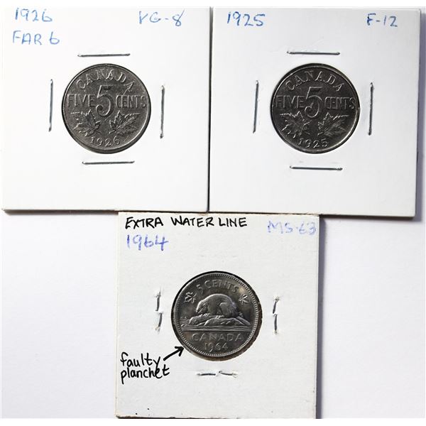 1925 5¢, 1926 "Far 6", 1964 "EWL", Lot of 3 coins VG to Uncirculated.