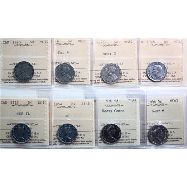 1925 5¢, 1926, 1932, 1945, 1953, 1954, 1970, 1996. Lot of 8 coins all ICCS Very Good-10 to Superb Ge