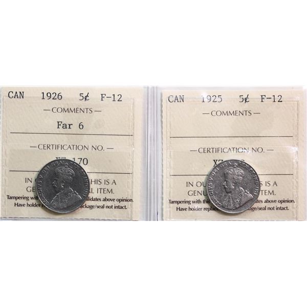 1925 5¢. 1926 "Far 6".  Both coins ICCS Fine-12