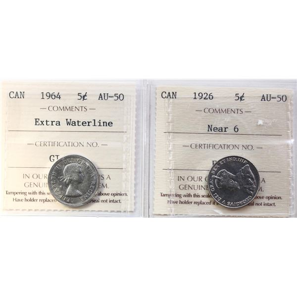 1926 5¢ "Near 6", 1964 "Extra Waterline".  Both coins About Uncirculated-50