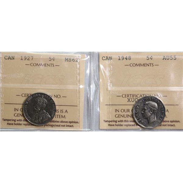 1927 5¢ Choice Mint State-62, 1948 5¢ Choice About Uncirculated-55.  Lot of 2 coins.