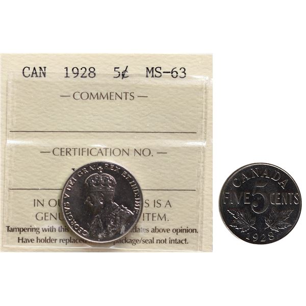 1928 5¢ ICCS Choice Mint State-63.  A bright MS example.