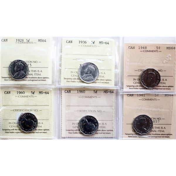 1928 5¢, 1936, 1948, 1960 (2), 1961, 1967 A ll 7 coins ICCS Choice Mint State-64