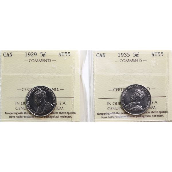1929 5¢, 1935. Both coins ICCS Choice About Uncirculated-55