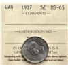 Image 2 : 1937 5¢ "Dot" ICCS Gem Mint State-65.  Nice Gem example.