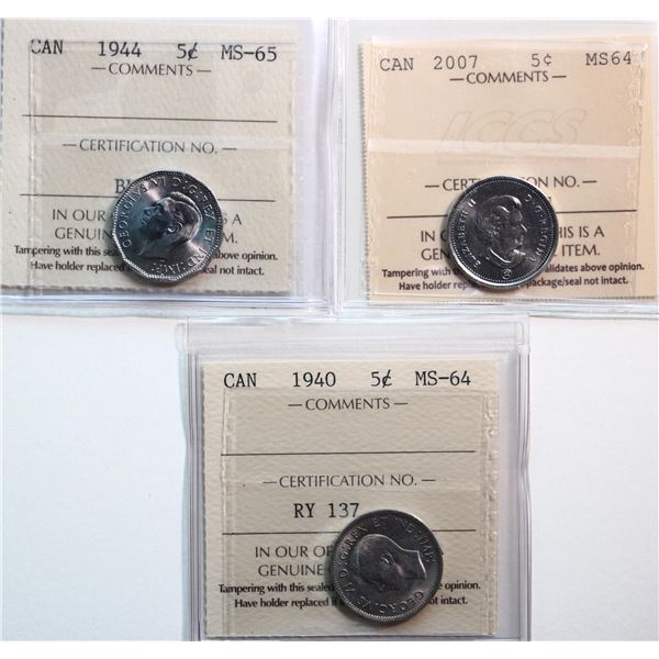 1940 5¢, 1944, 2007.  Lot of 3 coins all ICCS Choice Mint State-64 to Gem Mint State-65