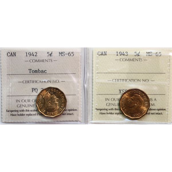 1942 5¢ "Tombac" & 1943 "Tombac" Both coins ICCS Gem Mint State-65.