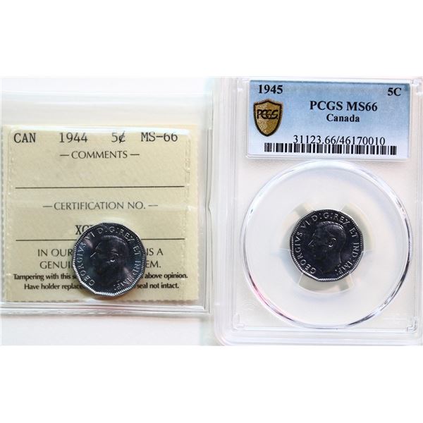 1944 5¢  ICCS Superb Gem Mint State-66, 1945 5¢  PCGS Superb Gem Mint State-66