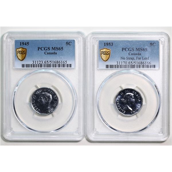 1944 5¢ & 1945 PCGS Gem Mint State-65.  Lot of 2 fully lustrous gem examples.
