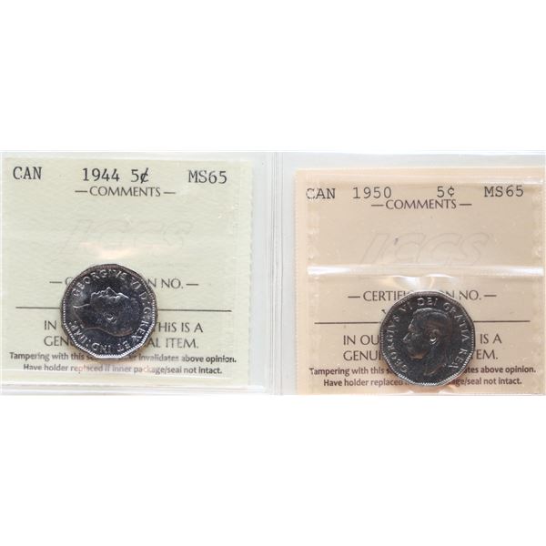 1944 5¢, 1950 Both coins ICCS Gem Mint State-65