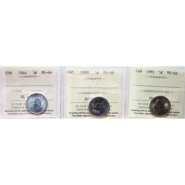 1944 5¢, 1990, 1991 All 3 coins ICCS Superb Gem Mint State-66.