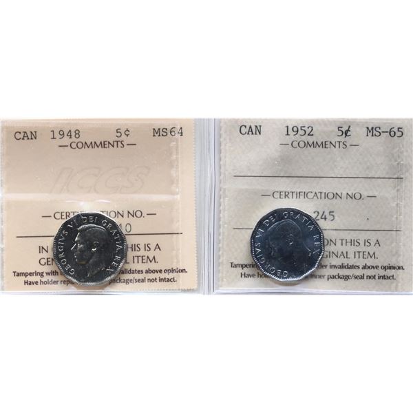 1948 5¢ ICCS Choice Mint State-64, 1952 ICCS Gem Mint State-65.  Lot of 2 coins.
