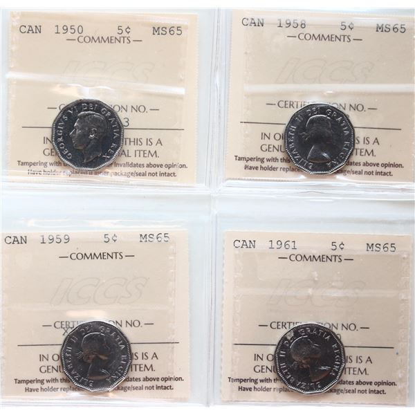 1950 5¢, 1958, 1959, 1961, All 4 coins ICCS Gem Mint State-65