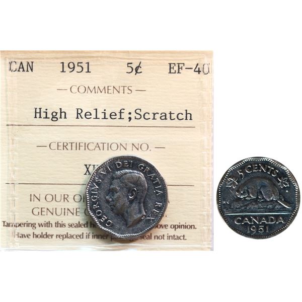 1951 5¢ "High Relief, Scratch" ICCS Extra Fine-40