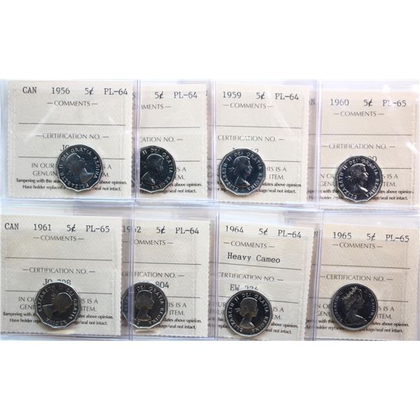 1956-1967 5¢.  Lot of 11 coins all certified ICCS/CCCS Choice Proof-Like-64 to Gem Proof-Like-65, so