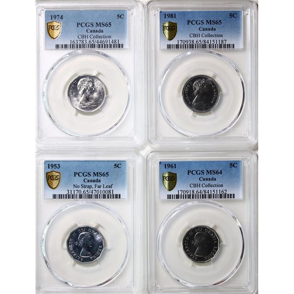 1961,1974, 1981 5¢. Lot of 4  coins PCGS graded Choice Mint State-64 to Gem Mint State-65. 1953 5¢ N