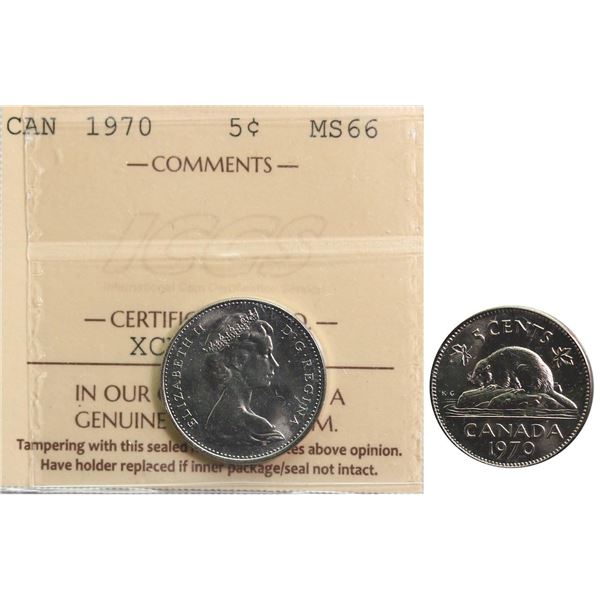 1970 5¢ ICCS Superb Gem Mint State-66.  A similar example brought in $229 at our 2025 Spring sale.