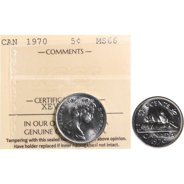 1970 5¢ ICCS Superb Gem Mint State-66.  A similar example brought in $229 at our 2025 Spring sale.