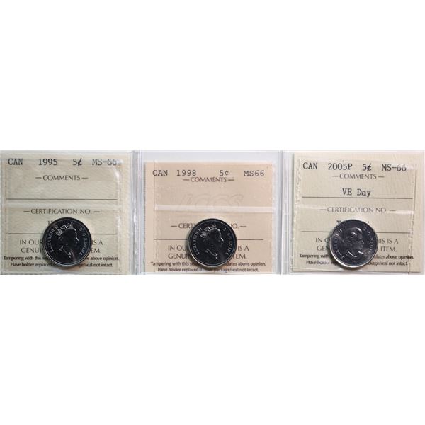 1995 5¢, 1998, 2005P "VE Day". Lot of 3 coins all  ICCS Superb Gem Mint State-66