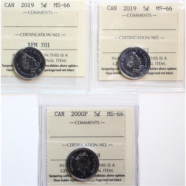 2000-P 5¢, 2019 (2), Lot of 3 coins ICCS Superb Gem Mint State-66,