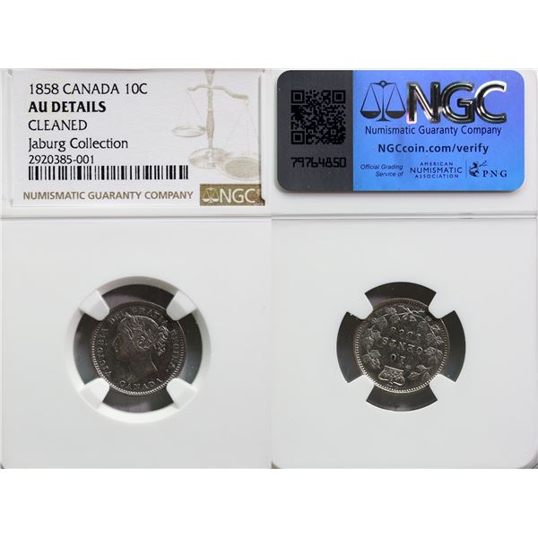 1858 10¢ NGC AU - Details, Lightly cleaned.