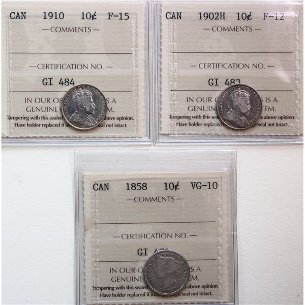 1858 10¢, 1902H, 1910.  Lot of 3 coins ICCS Very Good-10 to Choice Fine-15