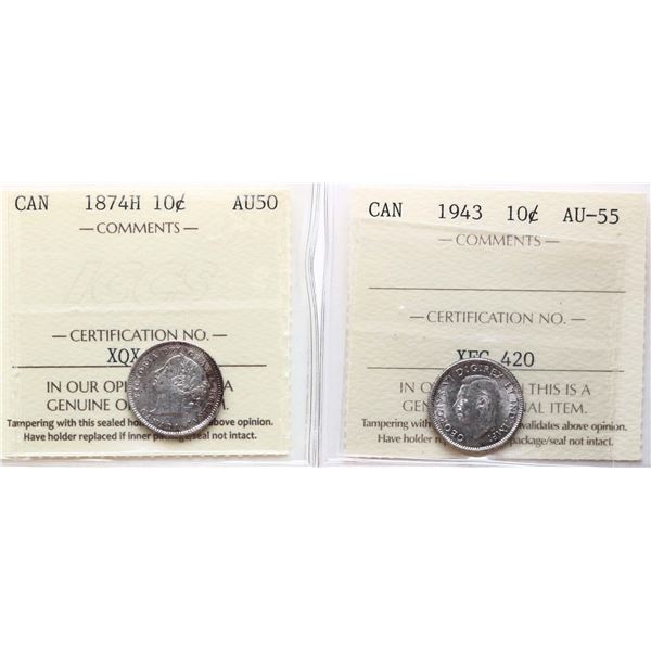 1874H 10¢ ICCS About Uncirculated-50, 1943 ICCS Choice About Uncirculated-55