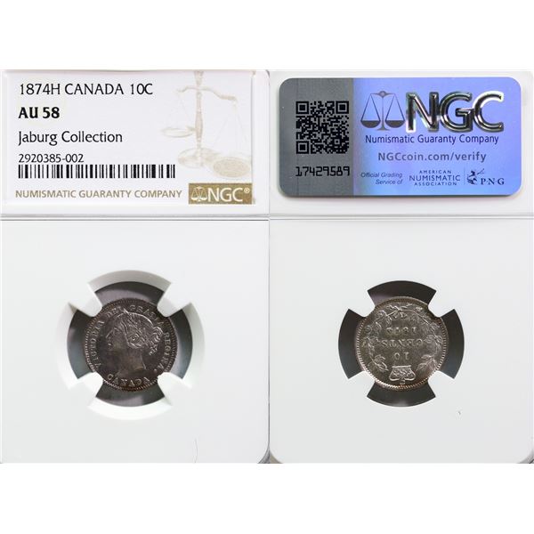 1874H 10¢ NGC Choice About Uncirculated-58 Lustrous.  Jaburg Collection.