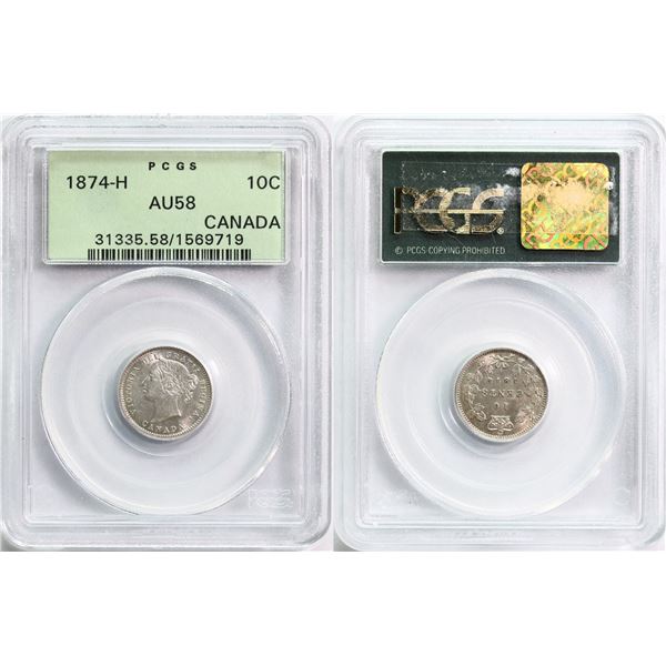 1874H 10¢ PCGS Choice About Uncirculated-58  Fully brilliant and lustrous.