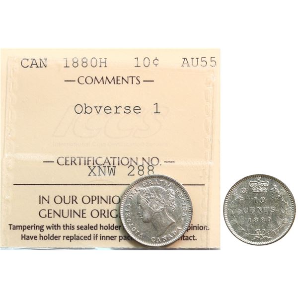 1880H 10¢ "Obv 1" ICCS Choice About Uncirculated-55