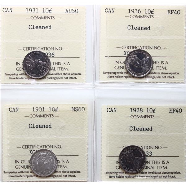 1901 10¢, 1928, 1931, 1936. Lot of 4 coins ICCS Mint State-60 cleaned.