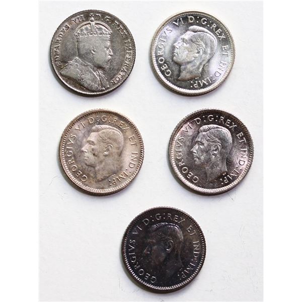 1909 10¢ Brd Lvs VG, 1940, 1946(2) & 1947 UNC to BU dimes.  Lot of 5 pcs.