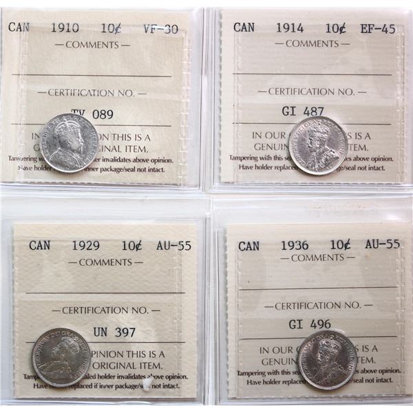 1910 10¢, 1914, 1929, 1936.  Lot of 4 coins ICCS Choice Very Fine-30 to Choice About Uncirculated-55