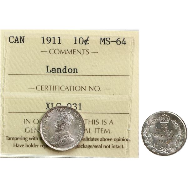 1911 10¢ ICCS Choice Mint State-64 Brilliant and lustrous with a hint of russet tone.  Ex Landon exa