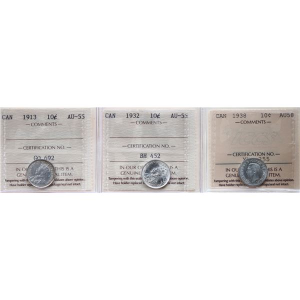 1913 10¢,1932, 1938. Lot of 3 coins, all ICCS Choice About Uncirculated-55