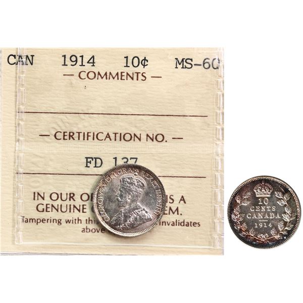 1914 10¢ ICCS Mint State-60 Brilliant and lustrous with russet tone.