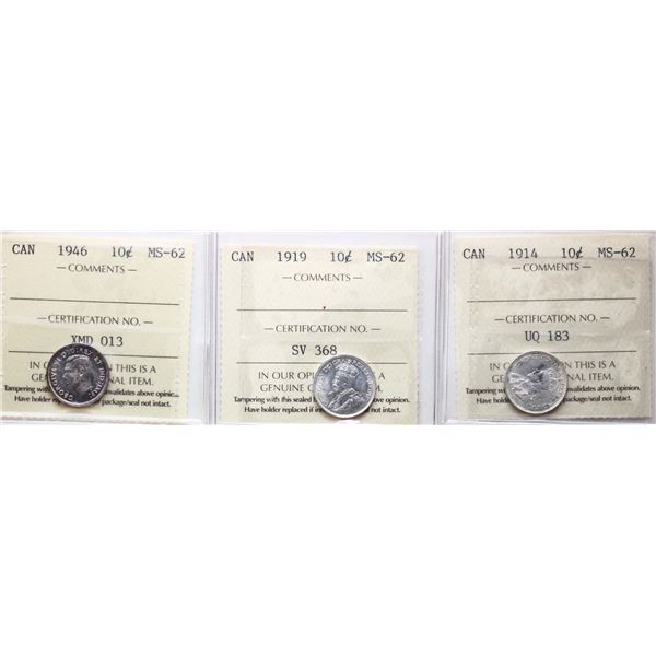 1914 10¢, 1919, 1946. Lot of 3 coins ICCS Choice Mint State-62