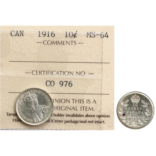 1916 10¢ ICCS Choice Mint State-64 Brilliant and lustrous.