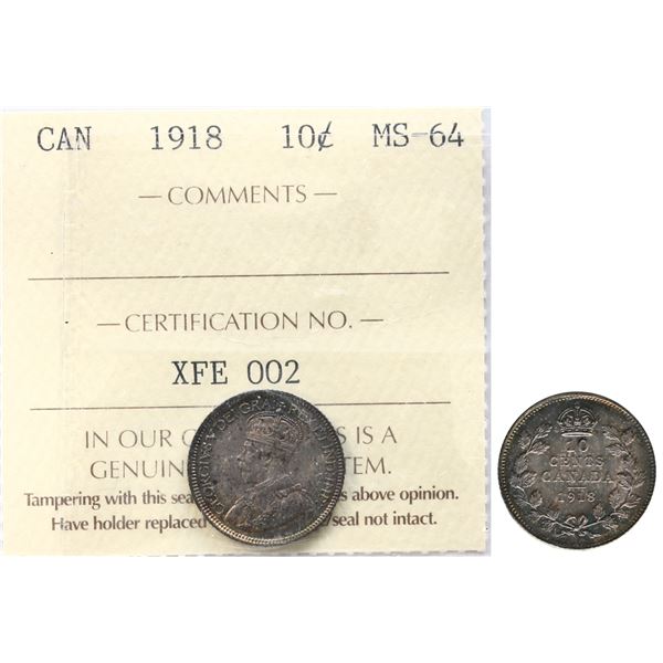 1918 10¢ ICCS Choice Mint State-64