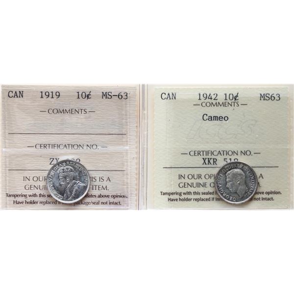 1919 10¢, 1942 "Cameo". Both Coins  ICCS Choice Mint State-63