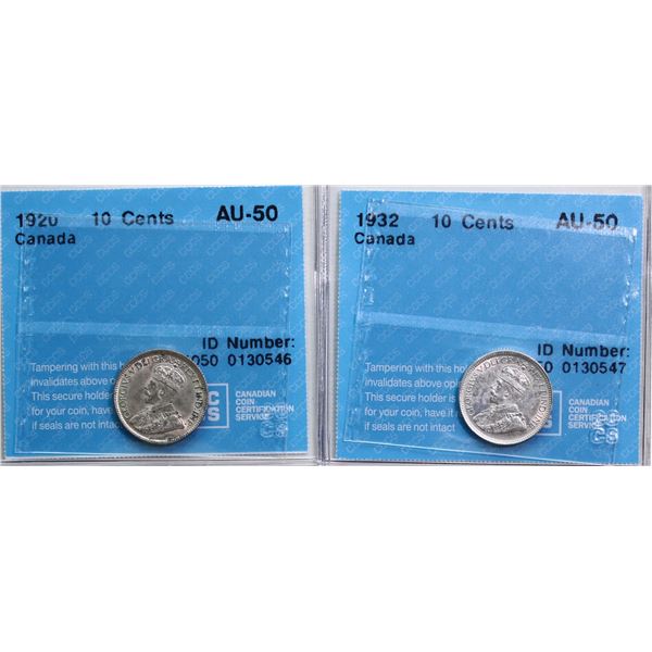 1920 10¢, 1932 Both coins CCCS About Uncirculated-50