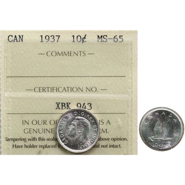 1937 10¢ ICCS Gem Mint State-65 Lustrous example