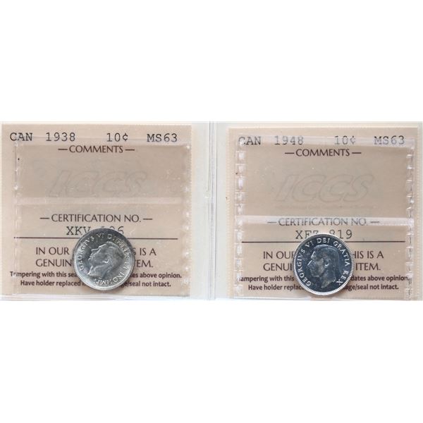1938 10¢, 1948. Both coins  ICCS Choice Mint State-63