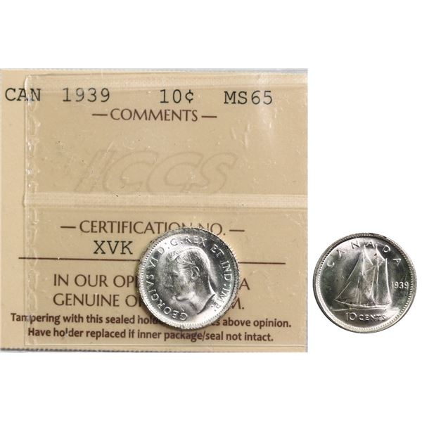 1939 10¢ ICCS Gem Mint State-65 Blast white example.  Flashy!